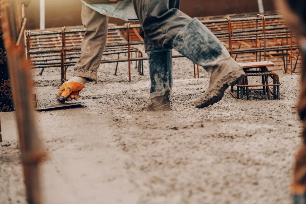 Professional concrete contractors in Dallas TX smoothing and leveling wet concrete around rebar foundation preparations.