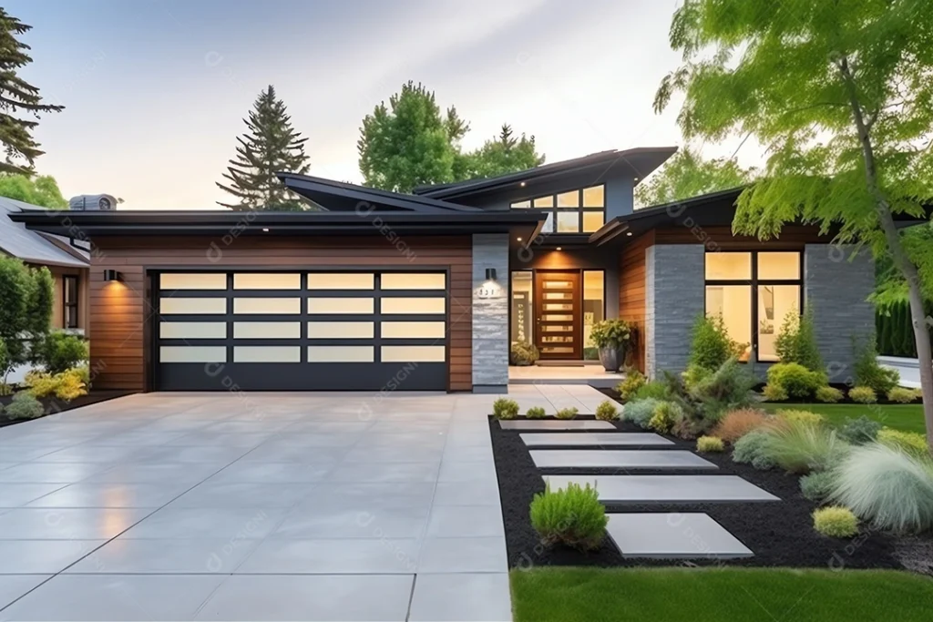 Contemporary home entrance with premium concrete driveway in Dallas TX showcasing clean lines and modern concrete finishing.