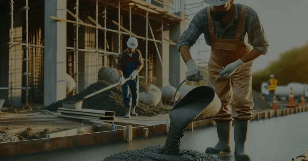 Skilled concrete contractors in Dallas TX pouring ready-mix concrete from bucket during commercial construction project with safety equipment.