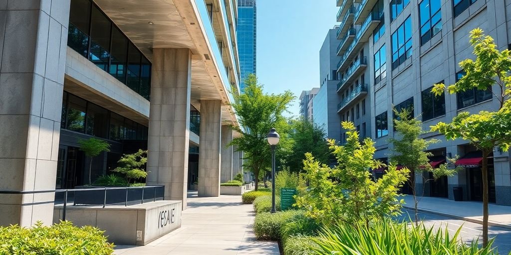 Modern commercial concrete buildings in Dallas, TX.