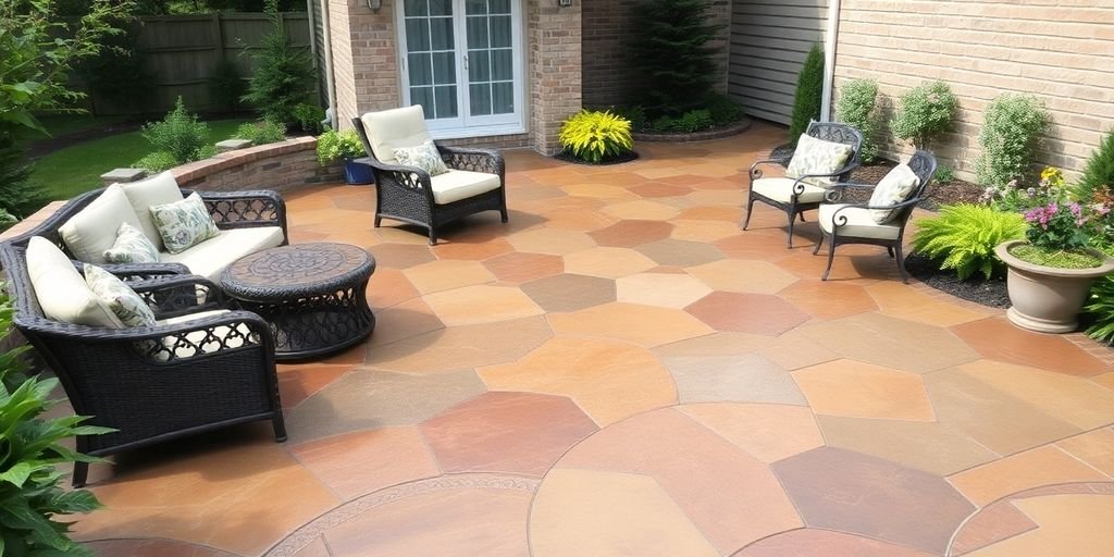 Stunning stamped concrete patio in a vibrant outdoor setting.