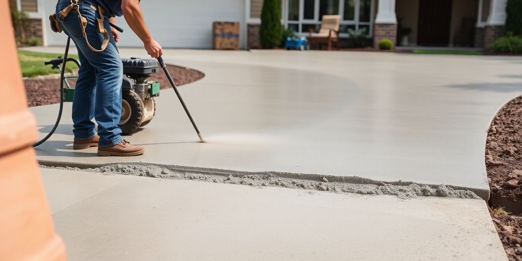 Concrete contractor pouring fresh concrete on a driveway.