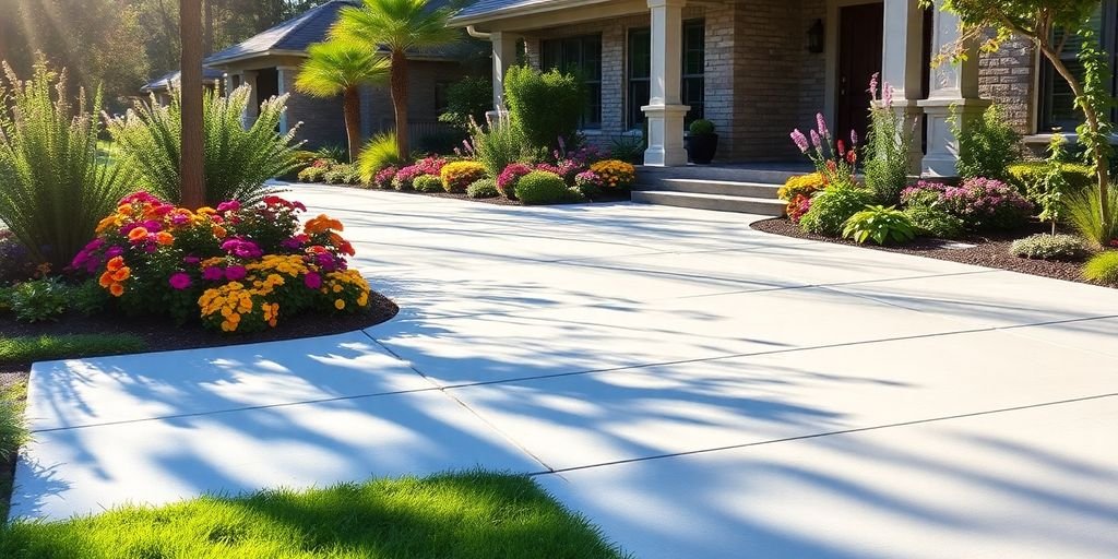 Beautiful concrete driveway with floral landscaping in Dallas.