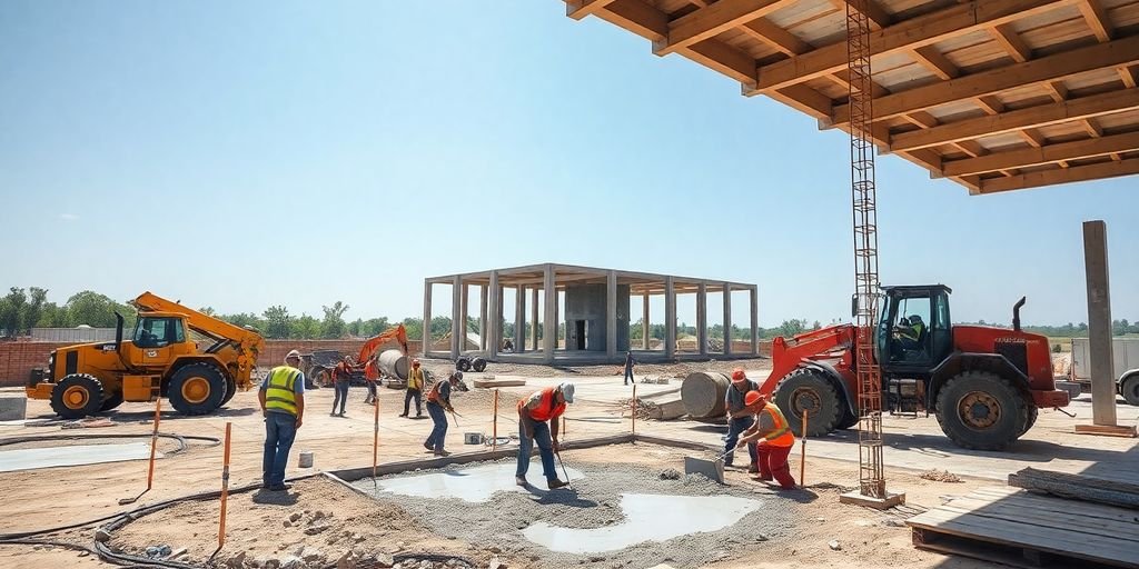 Construction workers pouring concrete at a busy site.