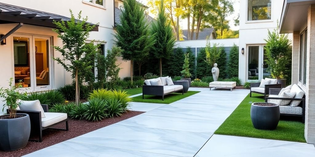 Modern residential outdoor space with polished concrete features.