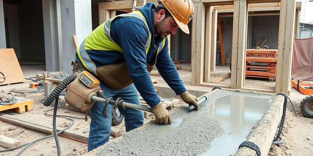 Concrete contractor pouring fresh concrete at a construction site.