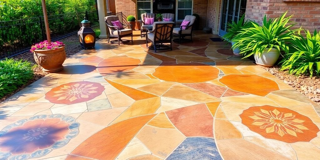 Decorative concrete patio with intricate designs and colors.