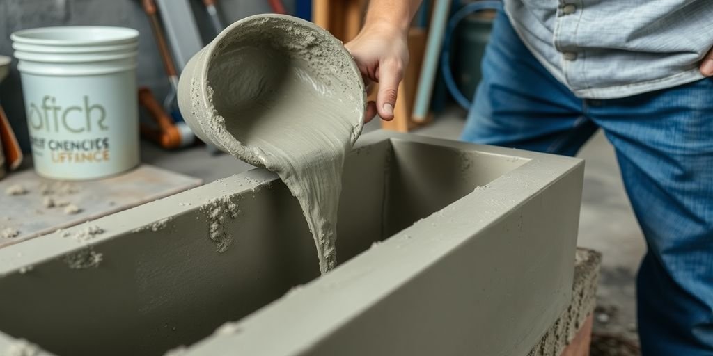 Concrete worker pouring fresh concrete into a mold.