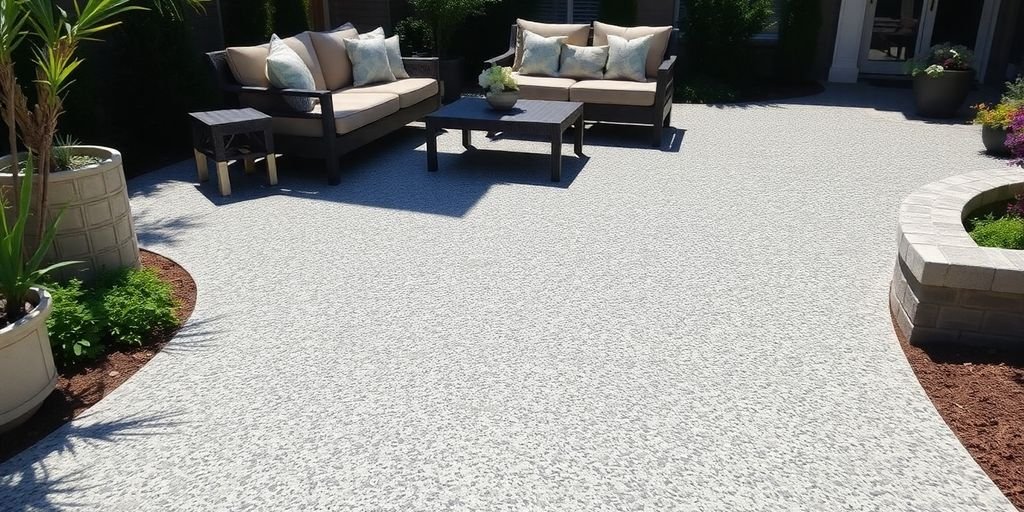 Outdoor patio with exposed aggregate concrete surface.