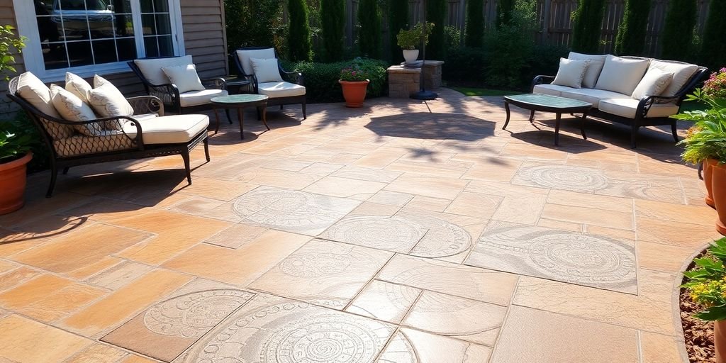 Stunning stamped concrete patio with outdoor furniture and greenery.