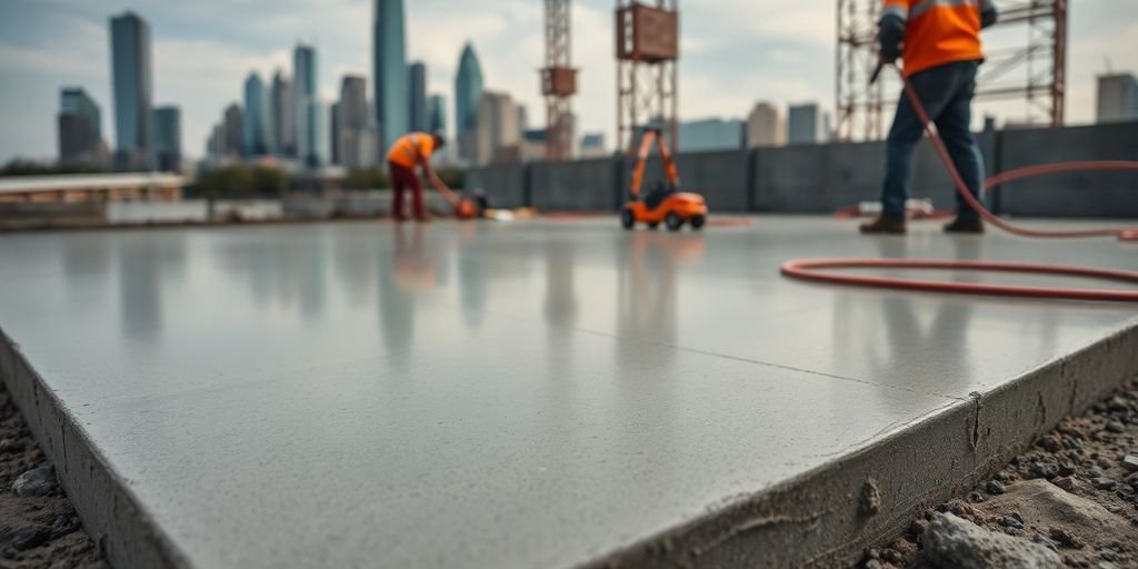 Freshly poured concrete slab on a construction site.