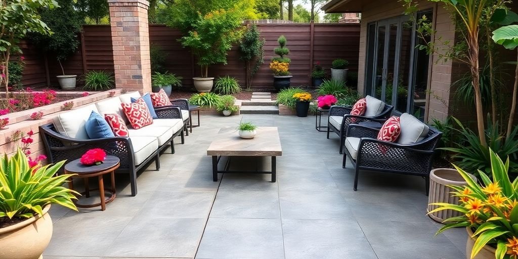 Concrete patio with furniture and plants in outdoor space.