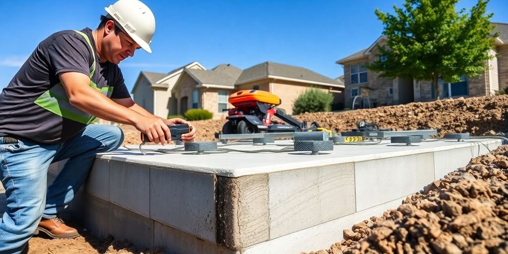 Worker repairing a concrete foundation in Dallas, TX.