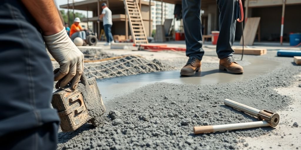 Concrete contractor pouring fresh concrete at a construction site.