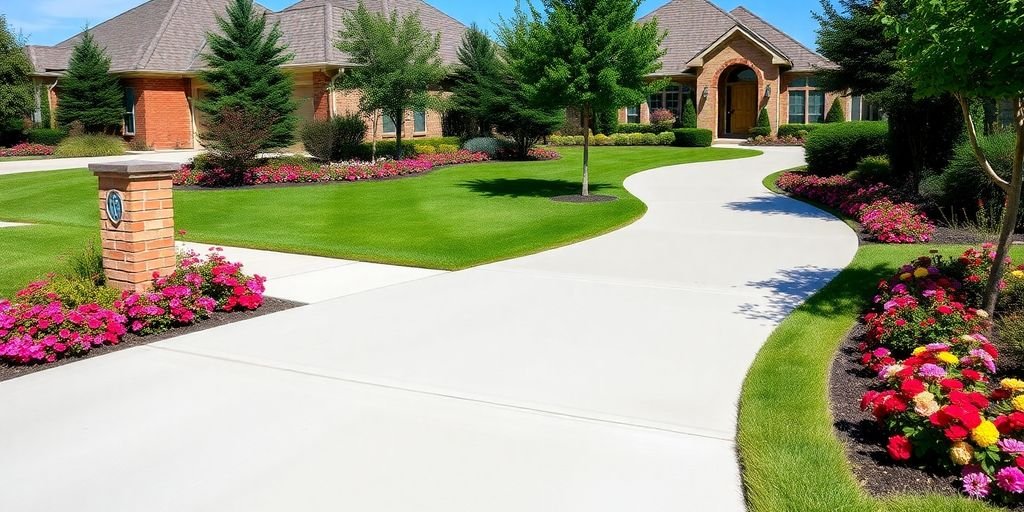 Beautiful concrete driveway in Dallas, TX, surrounded by greenery.