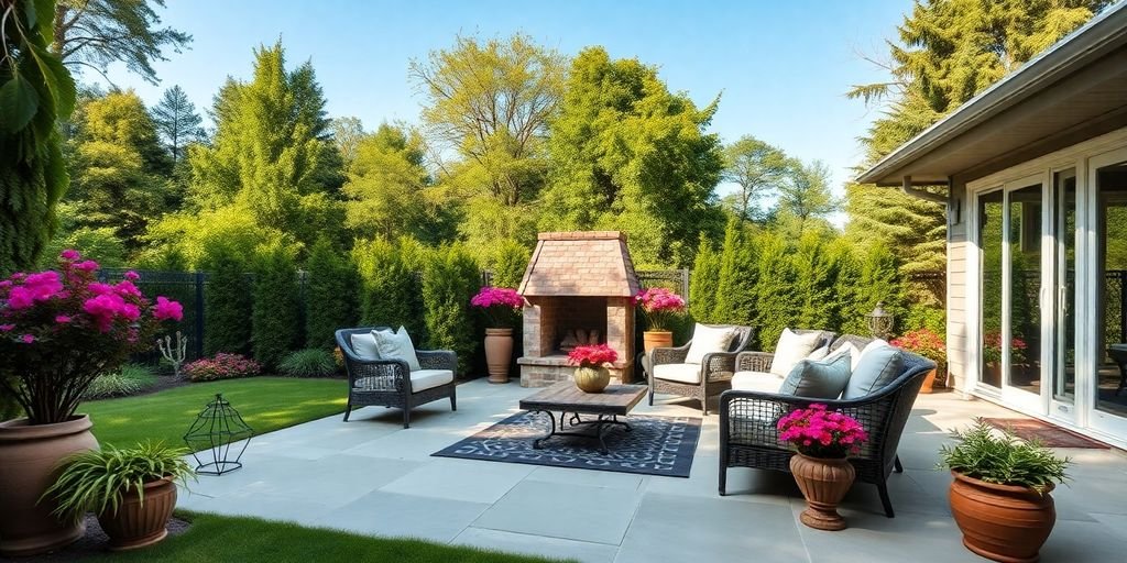 Concrete patio with outdoor furniture and greenery.