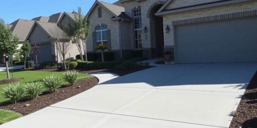 Residential concrete driveway in Dallas with landscaped surroundings.