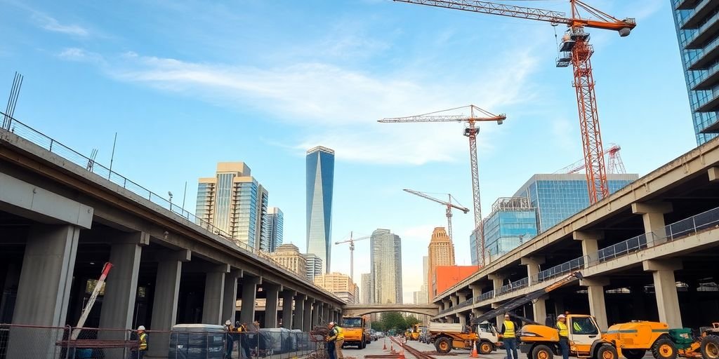 Dallas construction site with concrete structures and workers.