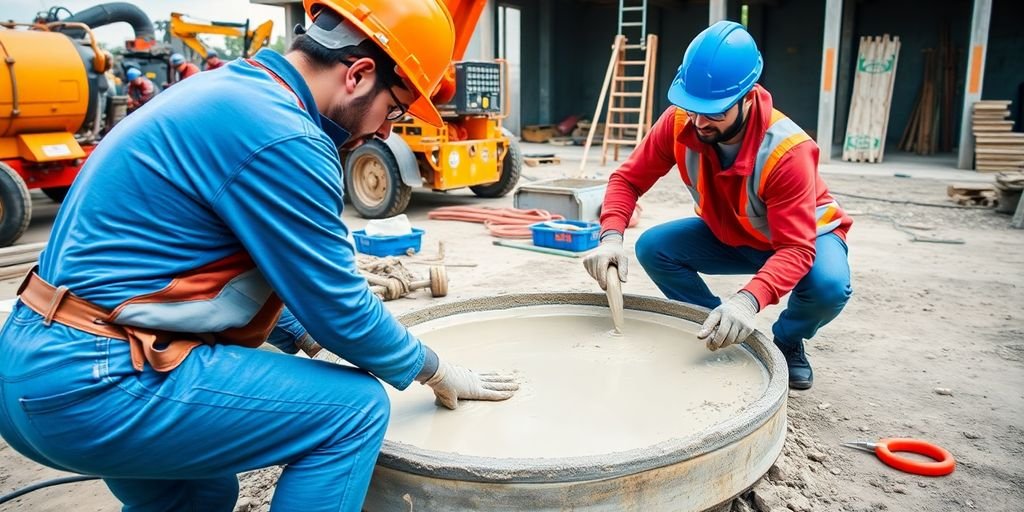 Workers pouring concrete at a construction site.