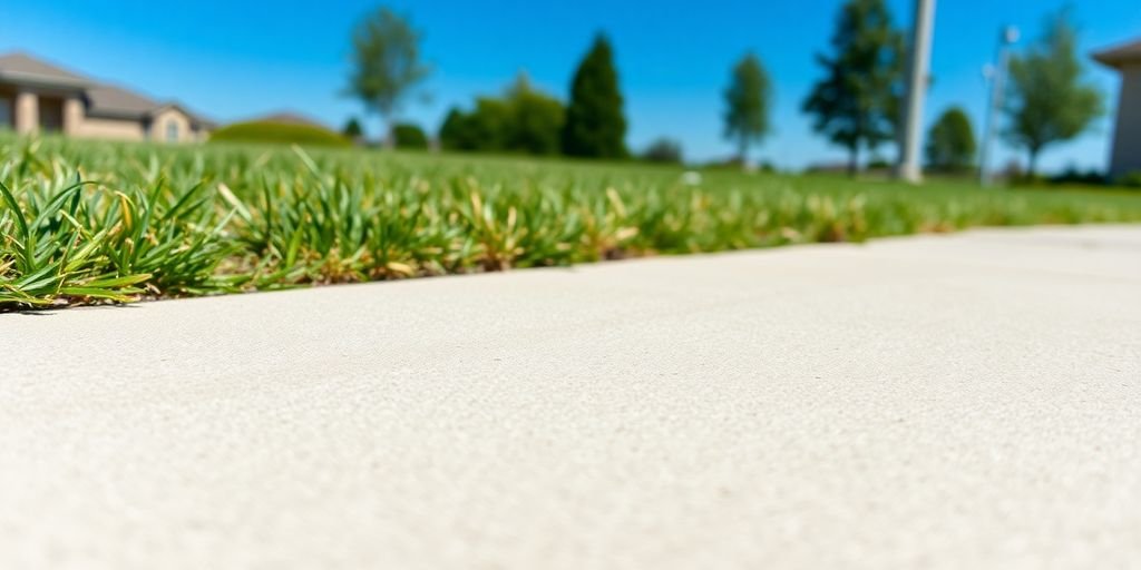 Freshly poured concrete sidewalk with smooth finish and grass.