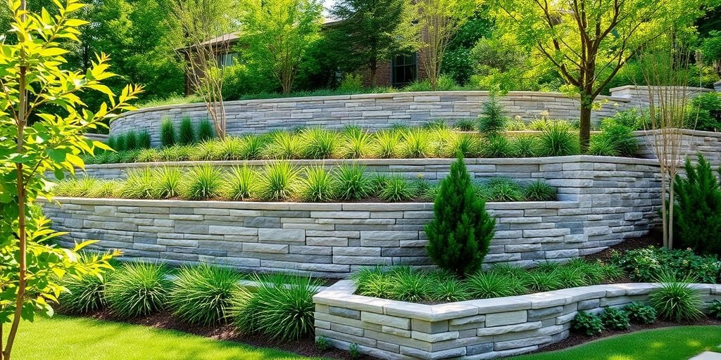 Modern retaining walls beautifying a Dallas landscape garden.