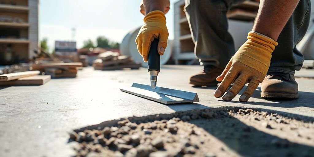 Contractor repairing concrete with tools in Dallas, TX.