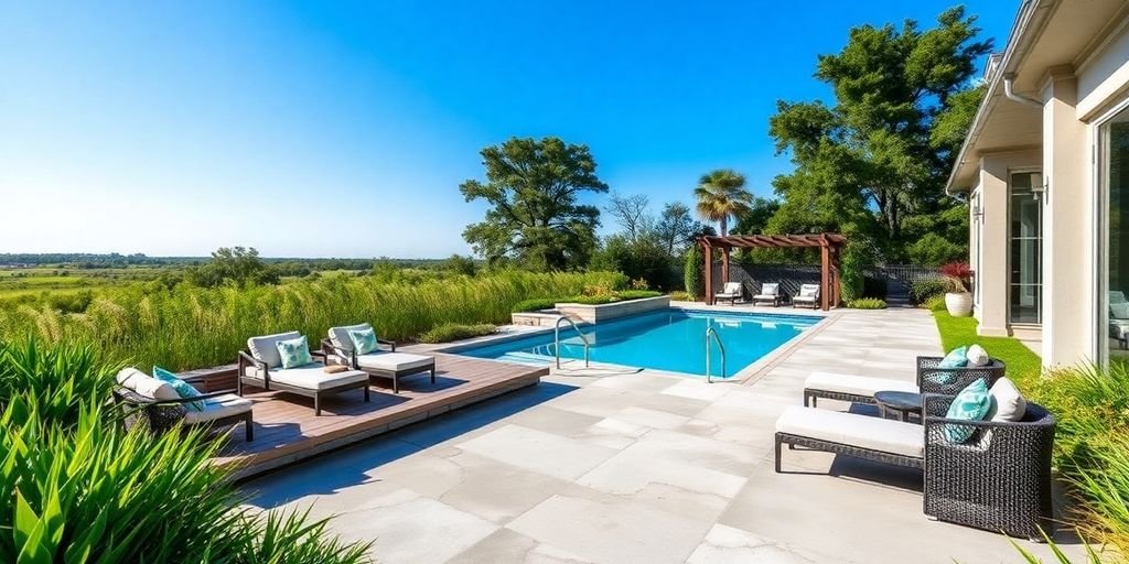 Stunning concrete pool deck with vibrant pool and greenery.