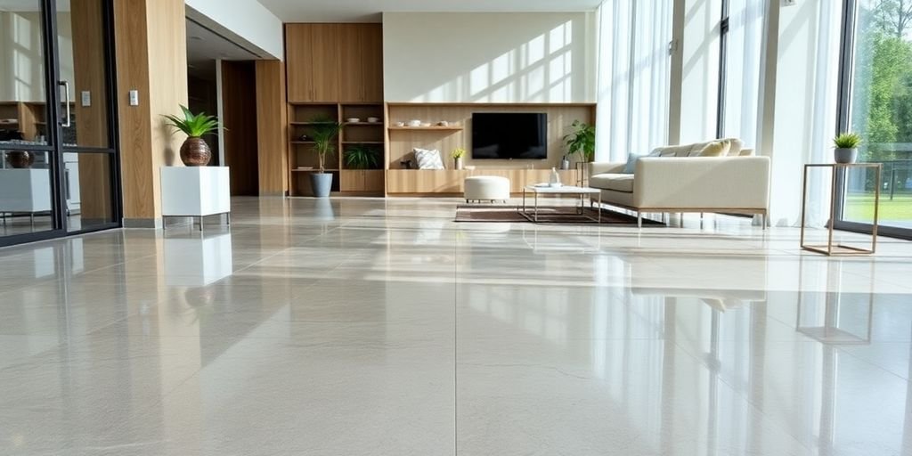 Polished concrete flooring in a stylish modern interior.
